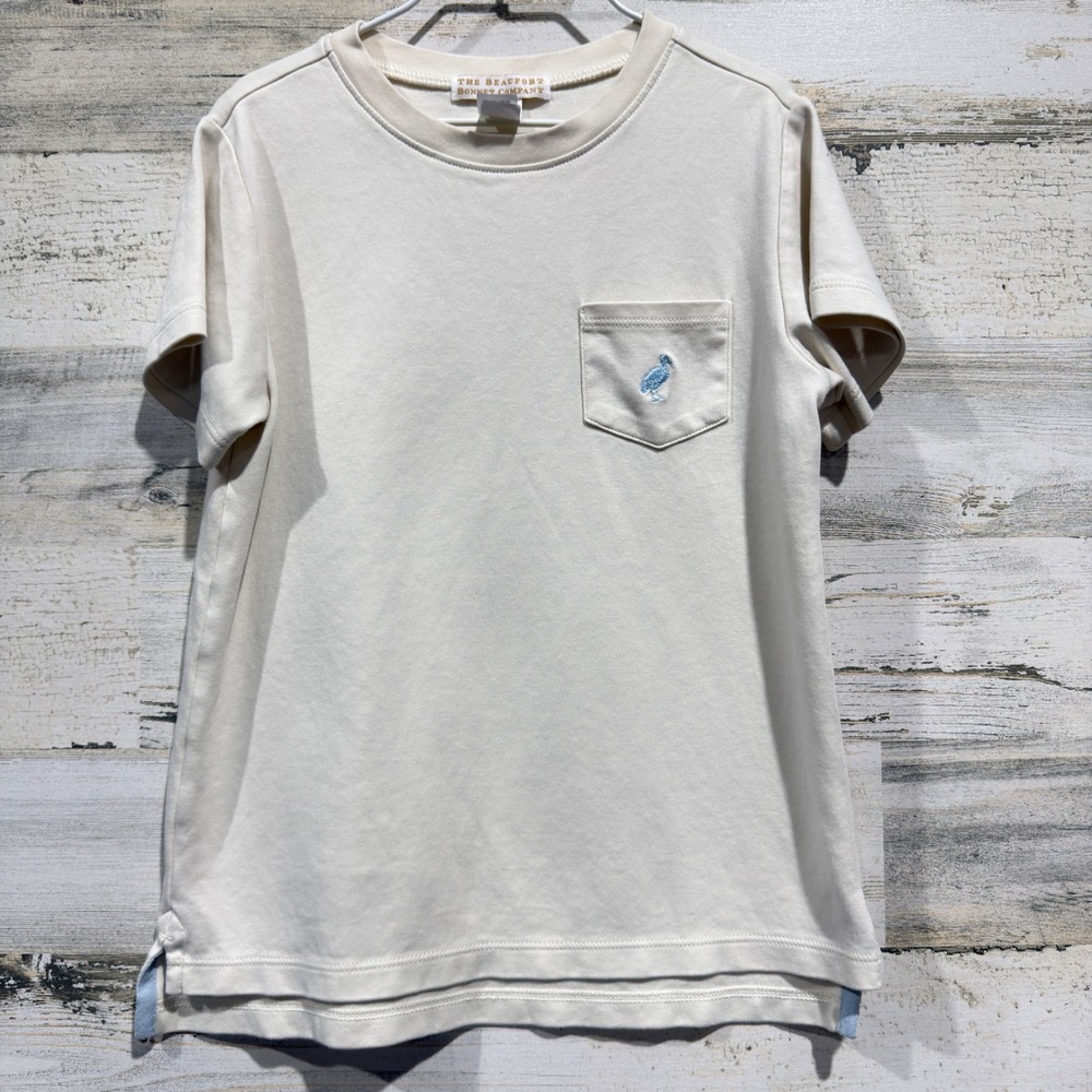 The Beaufort Bonnet Company Pocket Tee Boys 7 Cream Bird Preppy EUC
